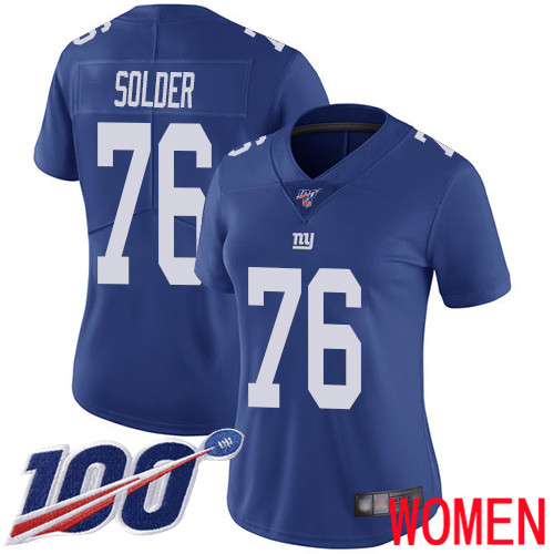 Women New York Giants 76 Nate Solder Royal Blue Team Color Vapor Untouchable Limited Player 100th Season Football NFL Jersey